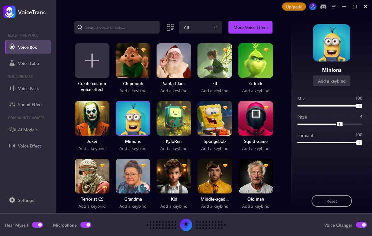 Interface of Voice Trans - an efficient voice changer for gaming