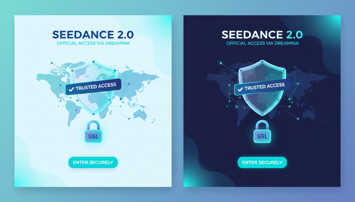 Ilustrasyon ng bayani na nagpapakita ng pinagkakatiwalaang access sa Seedance 2.0 sa pamamagitan ng Dreamina, na may SSL padlock, verification banner, at global reach graphics, light / dark friendly.