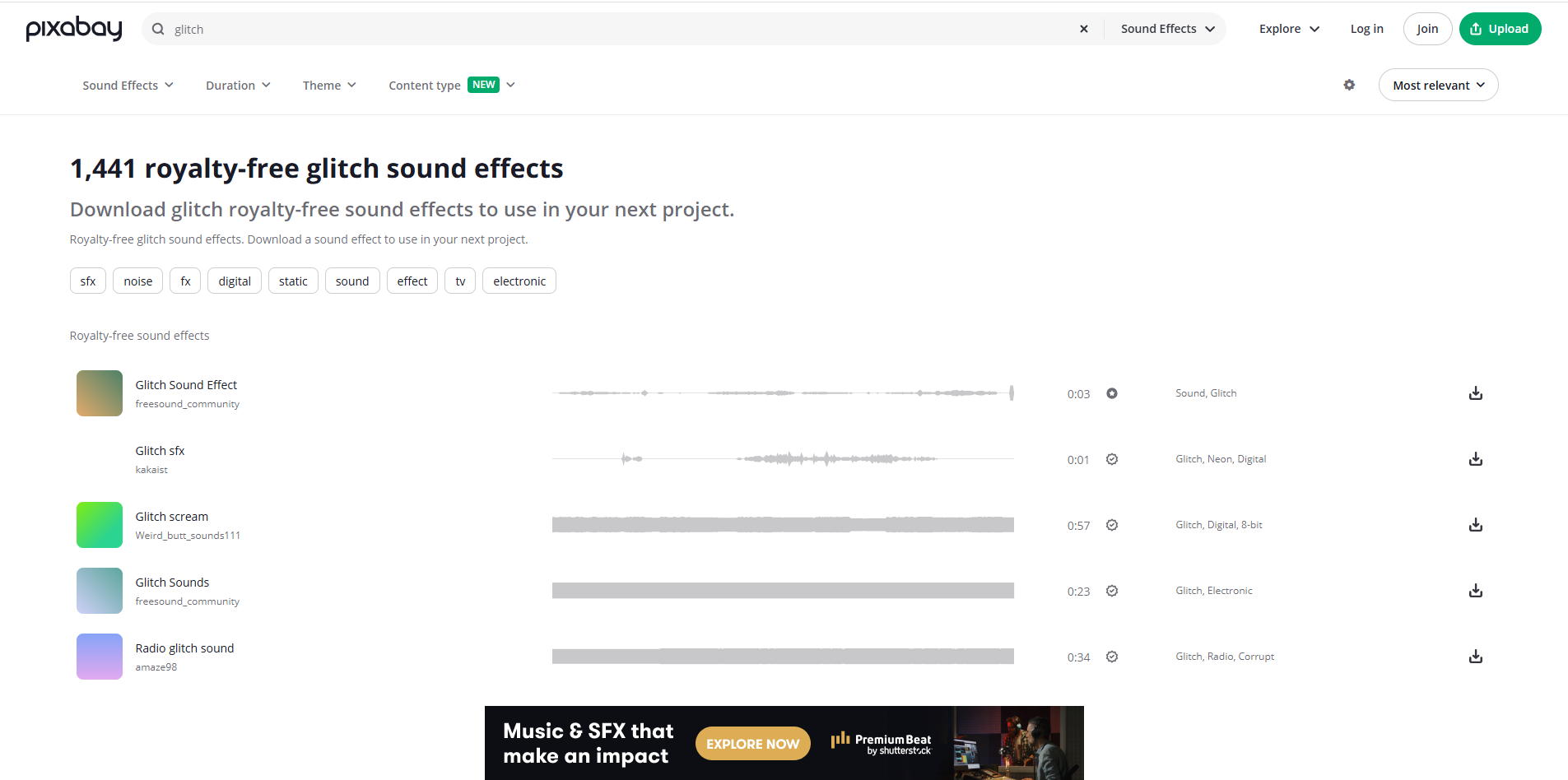Interface of Pixabay - an easy way to download free glitch sound effects