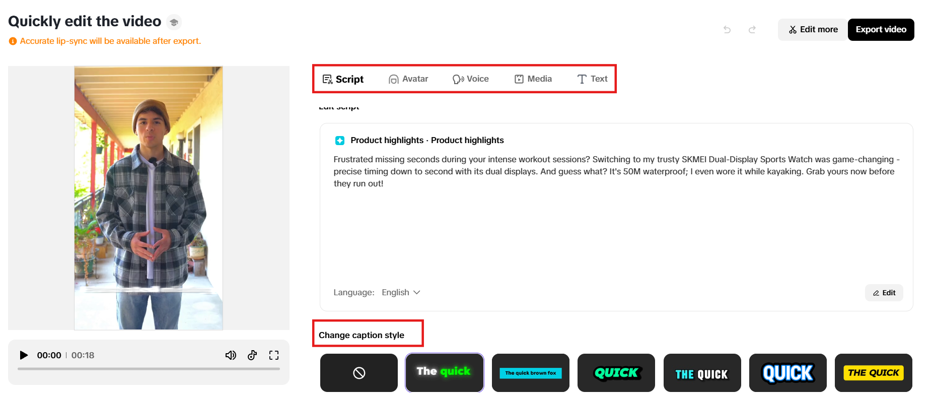 Modify script, avatar, voice, media and text