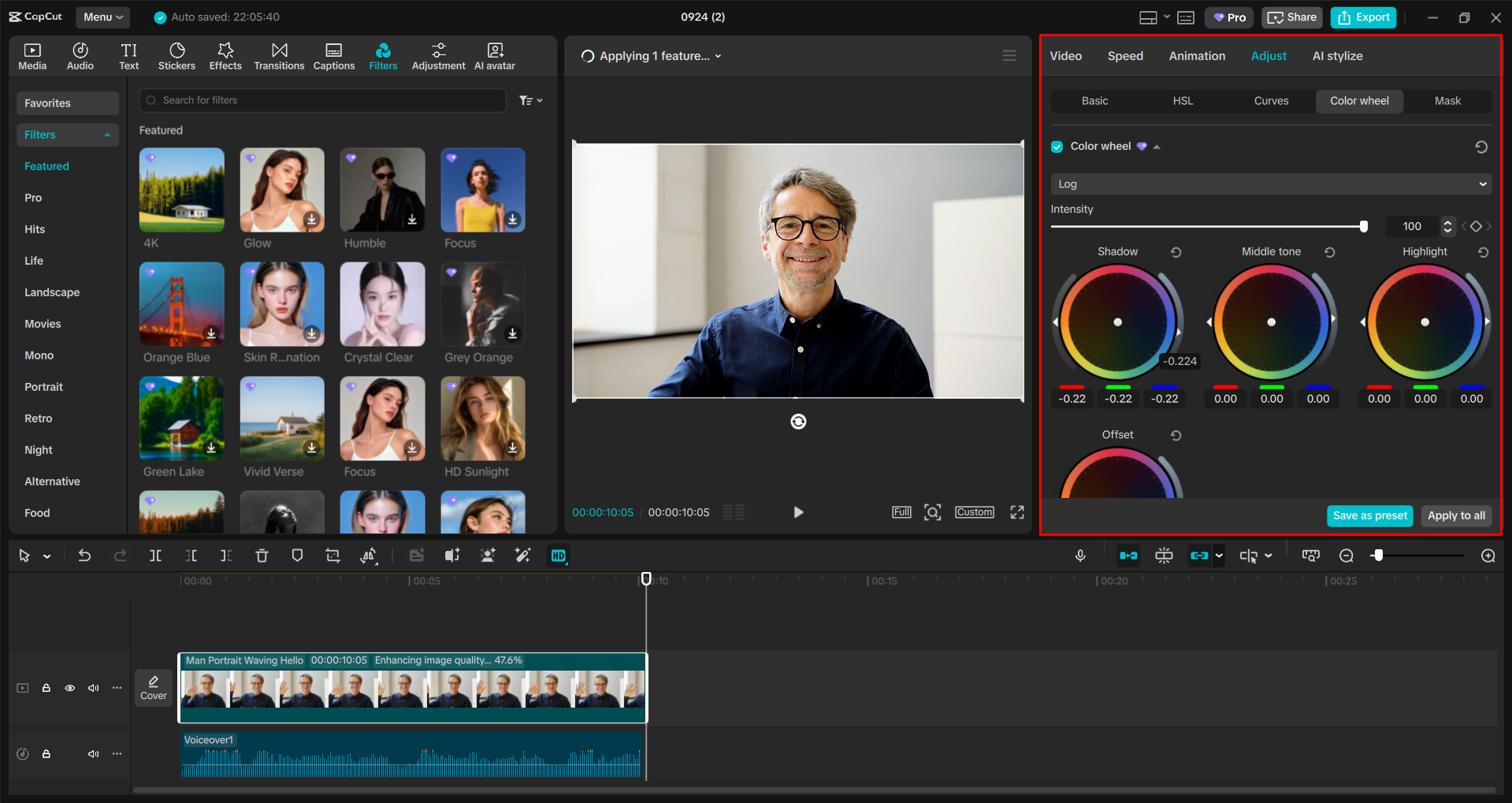 Color grading the video in the CapCut desktop video editor