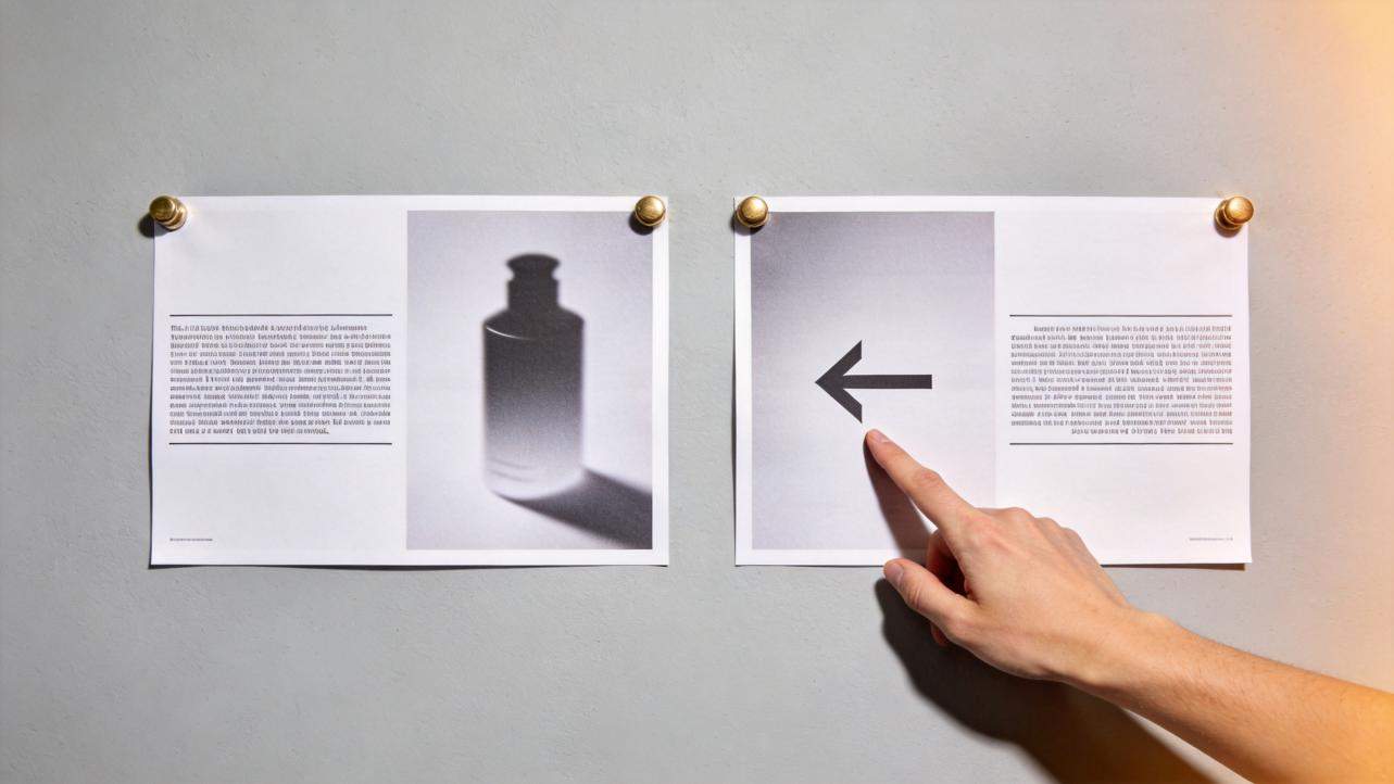 Hand points at a left arrow on a pinned layout beside a product photo and text blocks
