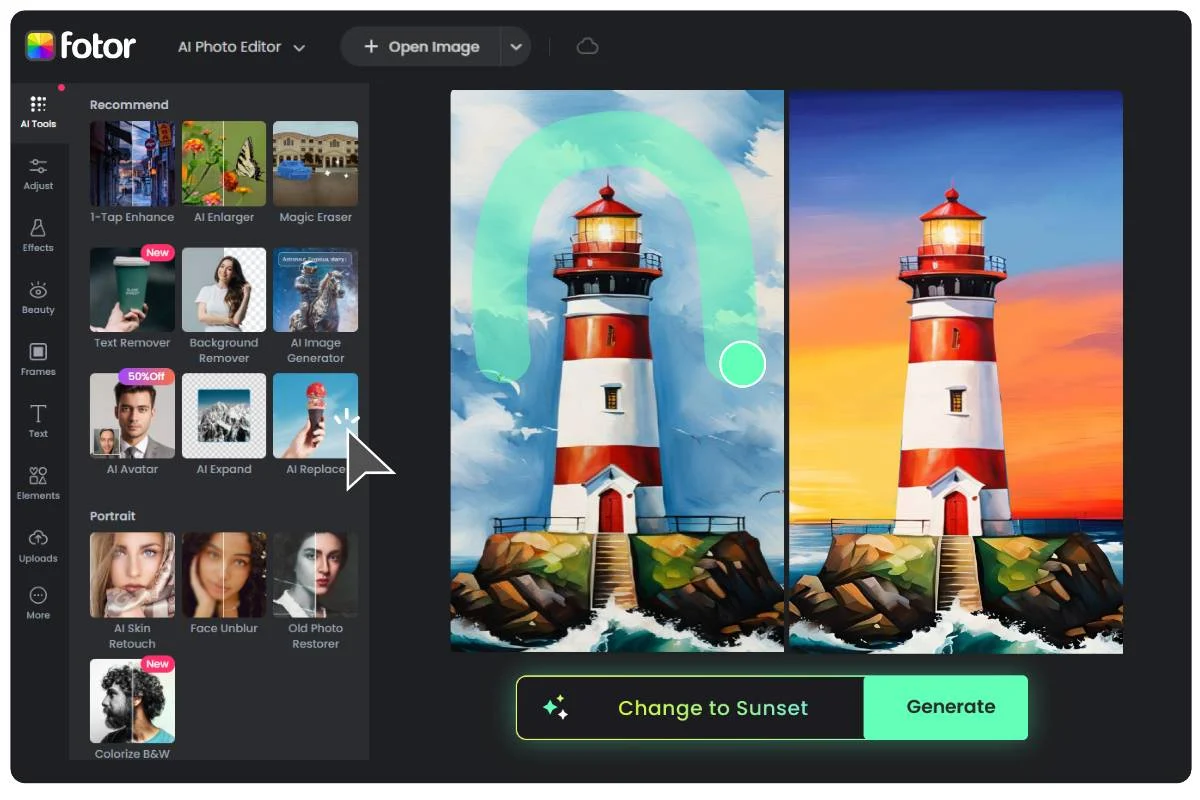 Antara muka Fotor - satu lagi alat retouching foto AI percuma