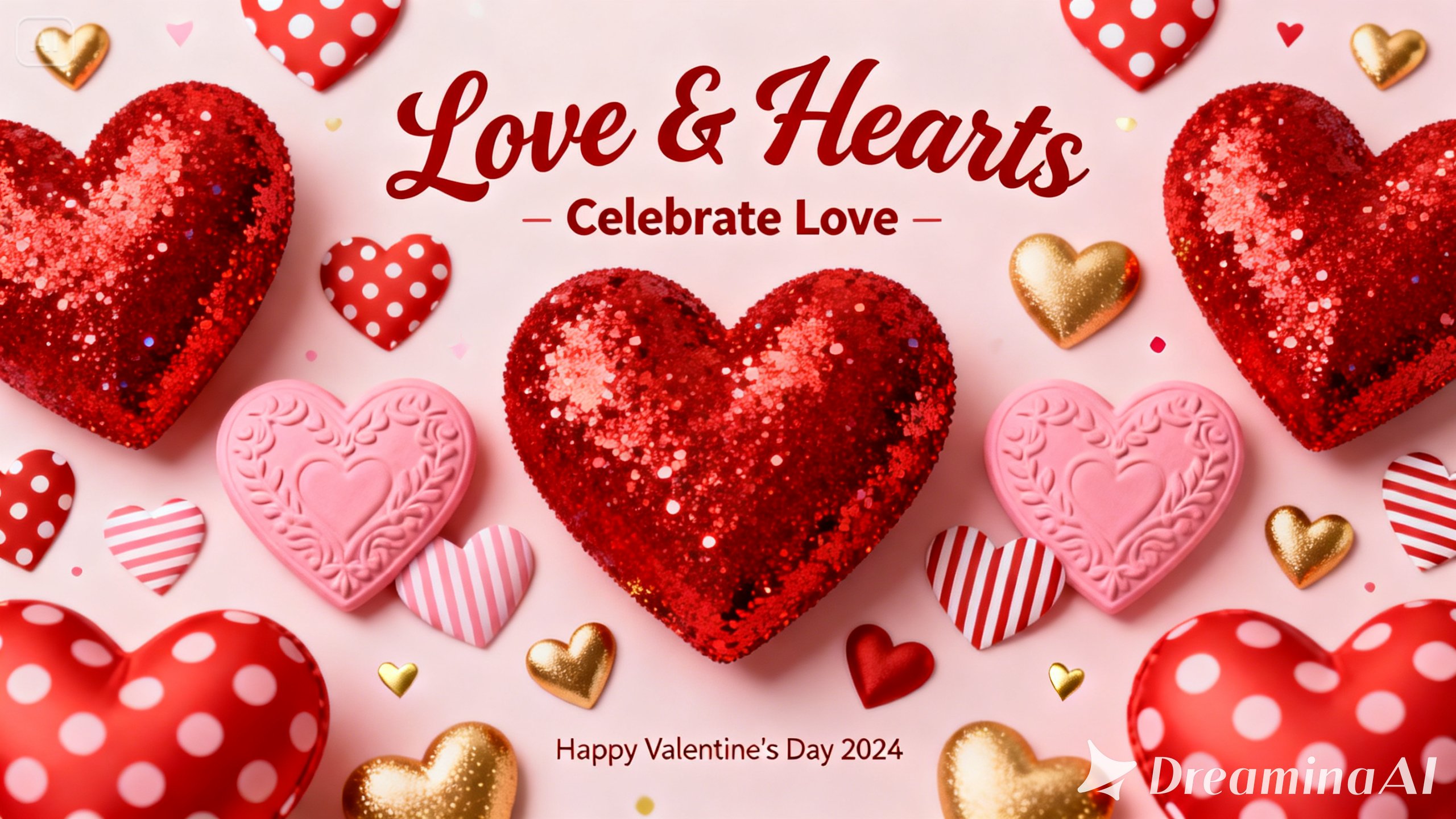 Banner de Ziua Îndrăgostiților cu forme de inimioare de dimensiuni variate și modele jucăușe