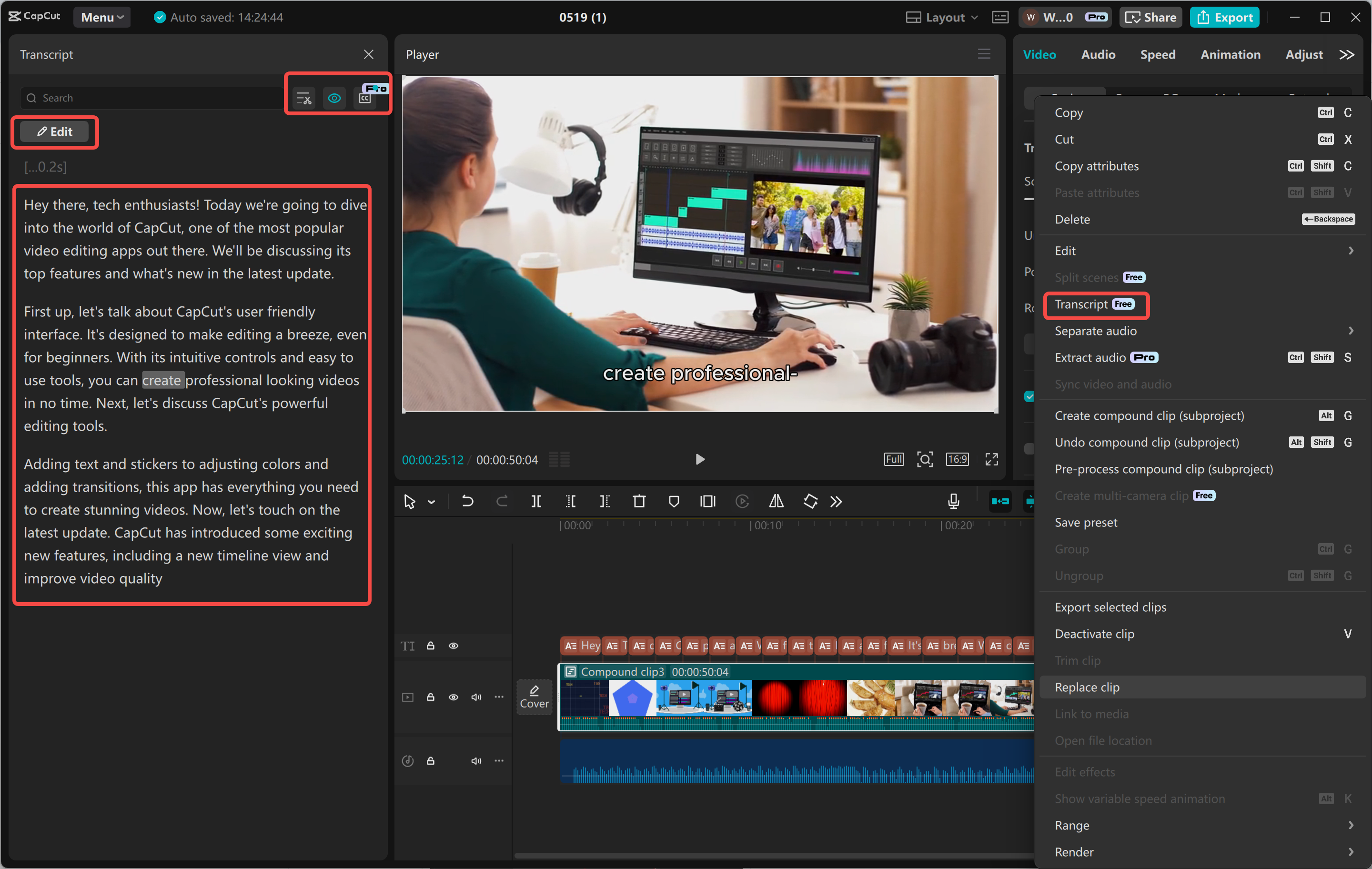 Transcribing a video in the CapCut desktop video editor