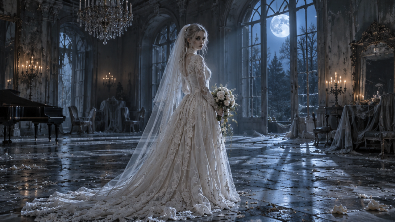 An adult ghost bride in an ivory lace gown with a translucent veil, abandoned ballroom, blue moonlight, delicate pale bouquet