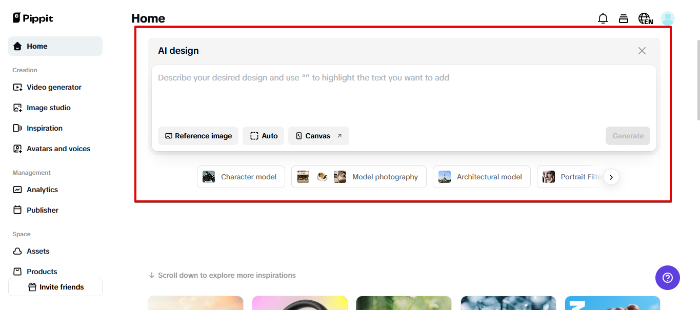 Ferramenta de design de IA no Pippit