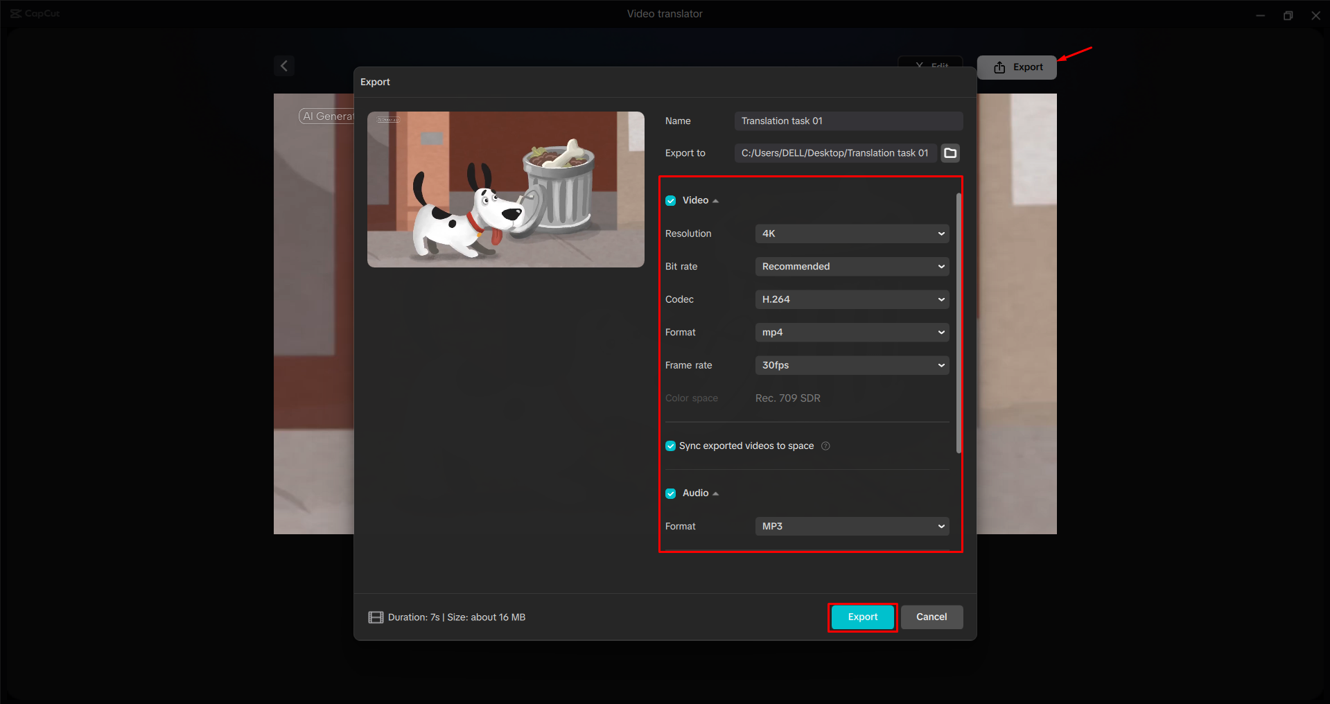 Exporting a video from the CapCut desktop video editor