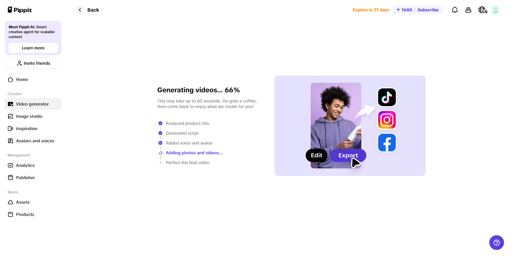 Pippit generating your video