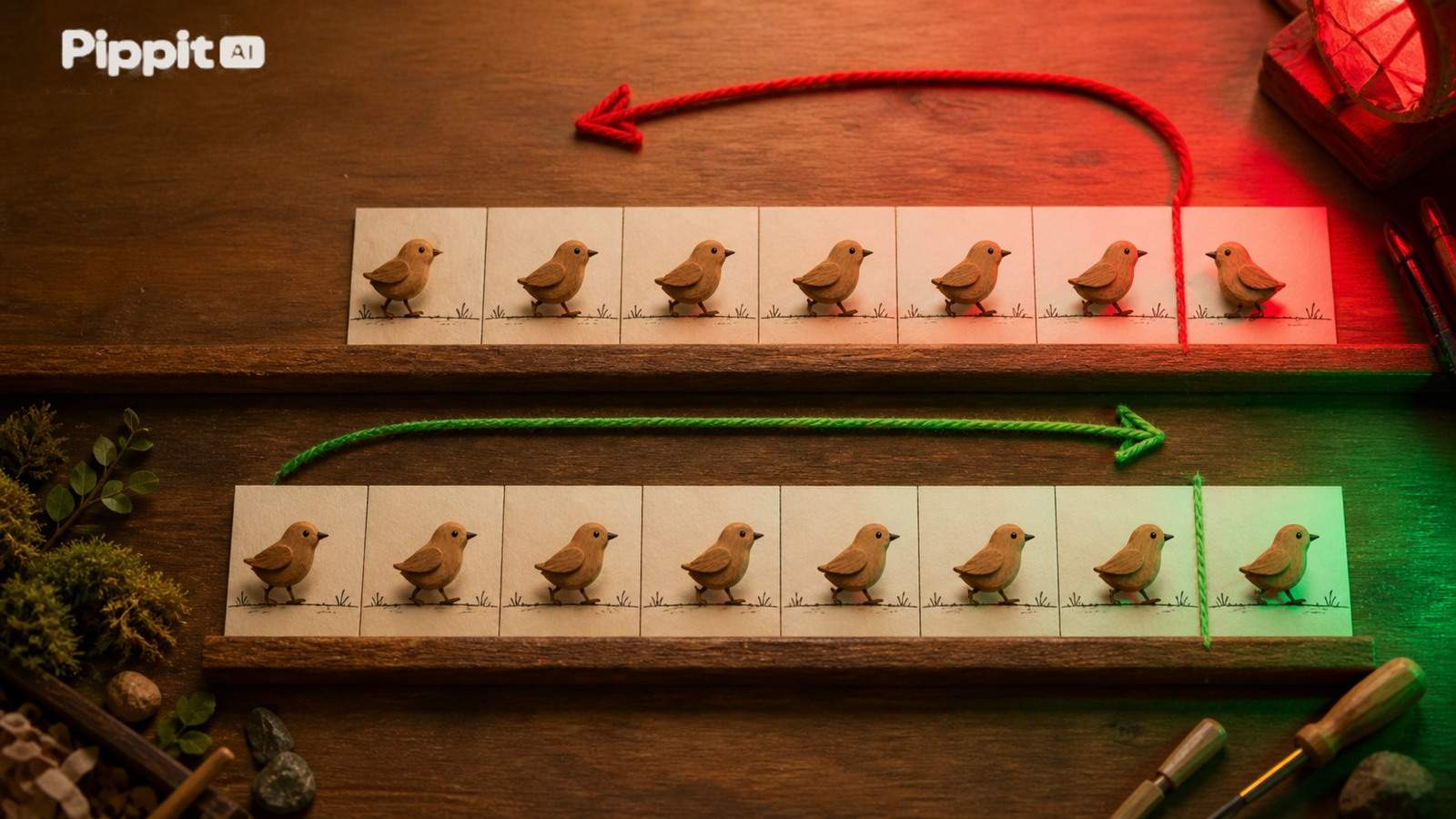 Two rows of bird cutouts on cards with red and green arrows showing looping motion