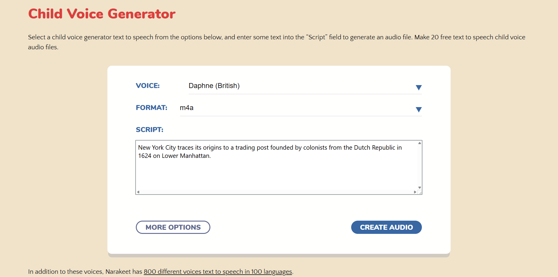 Interface of Narakeet - the perfect child text to speech converter