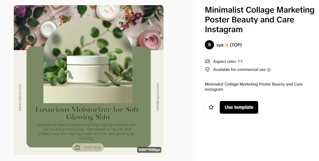 Șablon minimalist pentru reclame de produse cosmetice în CapCut, prezentând un hidratant de lux pentru strategii profitabile pe eBay.