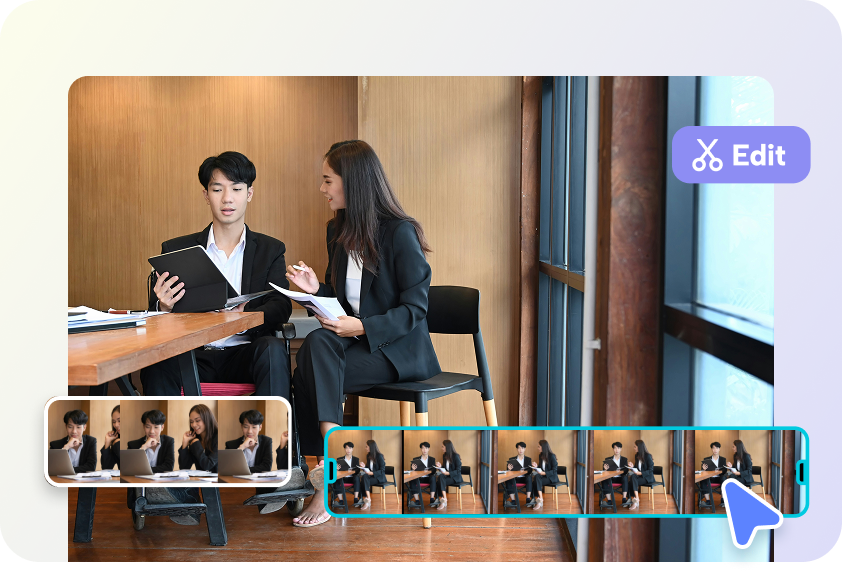 Quick Edit, export & schedule: timeline, caption editor, export button, calendar overlay.