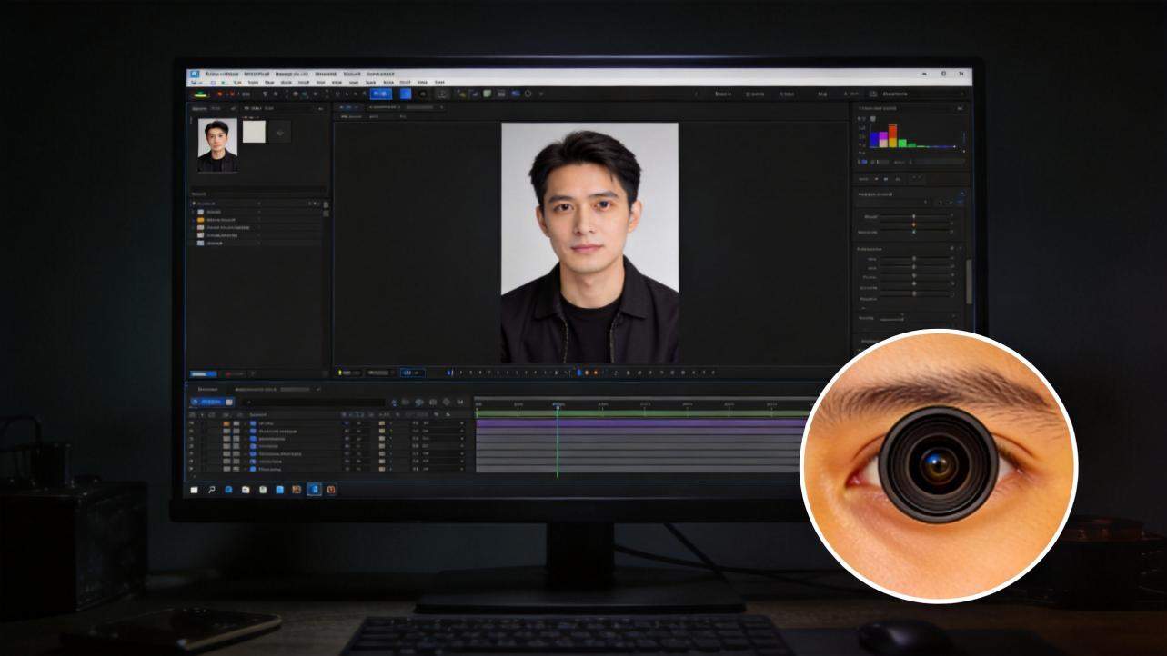 Video editing interface on a monitor with a portrait and camera lens overlay