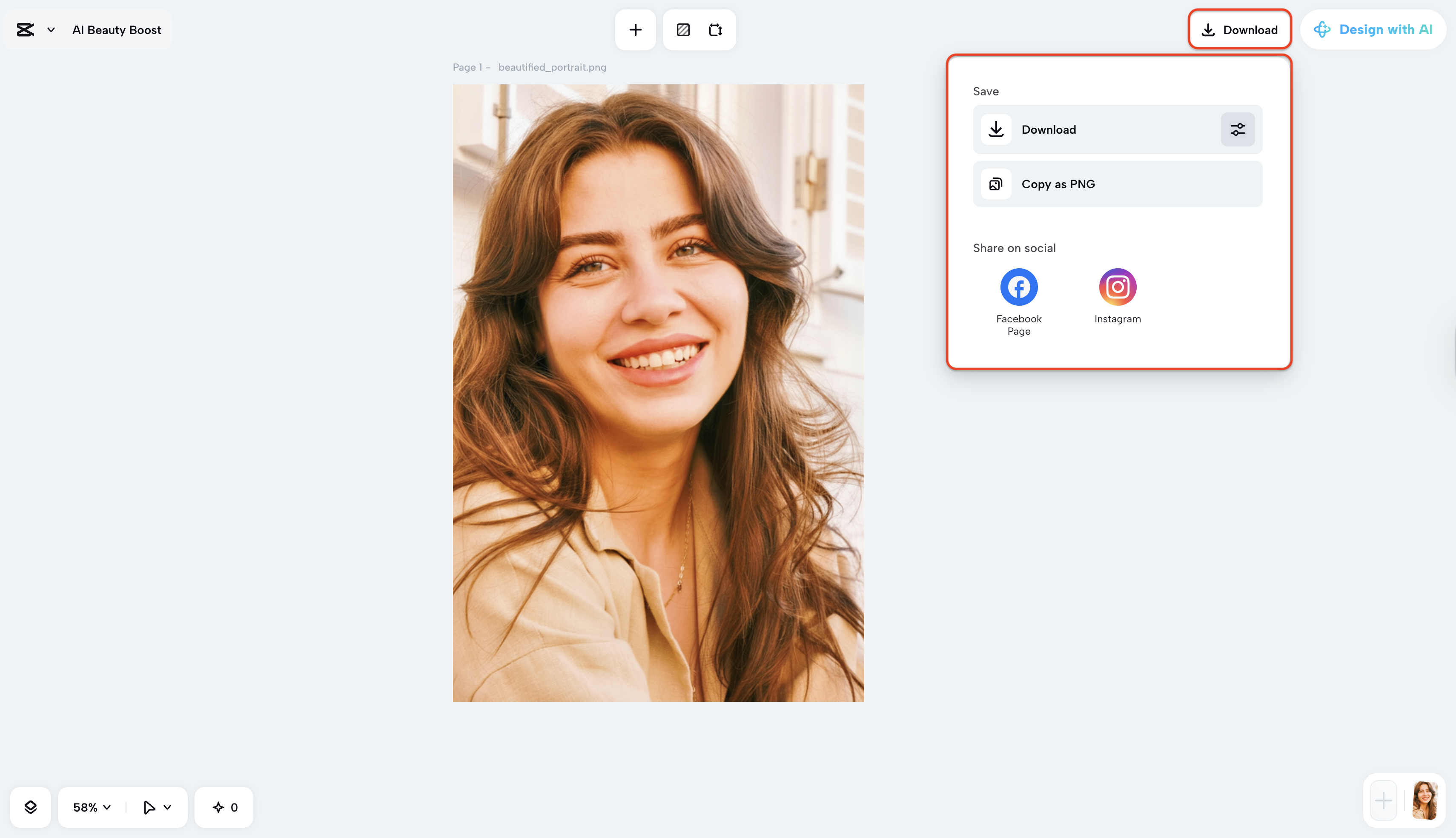 Export your finalized improved AI beauty image