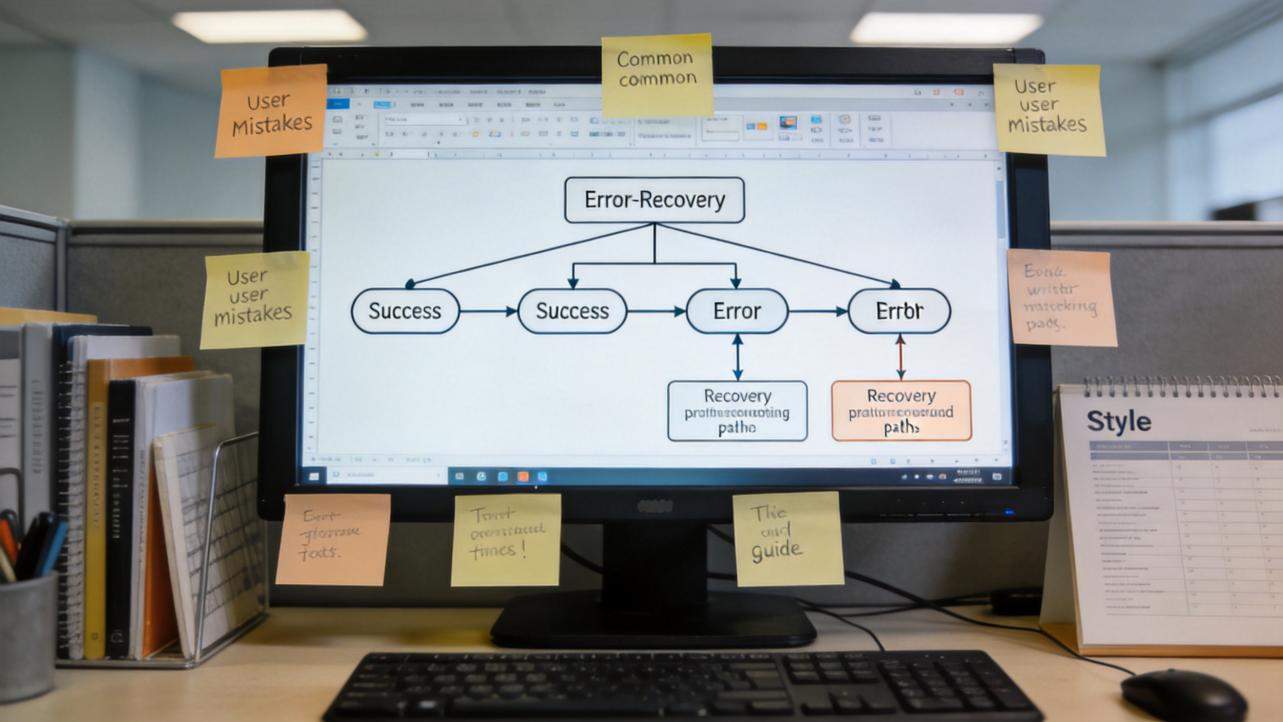 Monitor shows an error-recovery flowchart with sticky notes about user mistakes and recovery paths