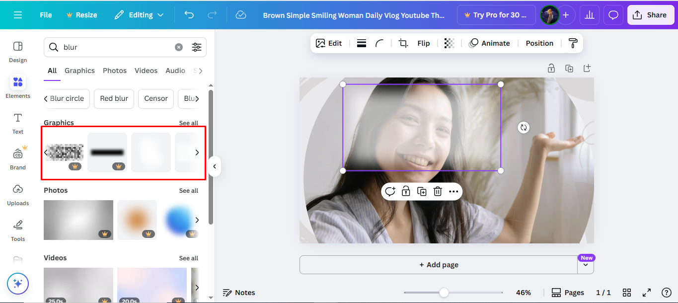 Using elements to blur an image in Canva