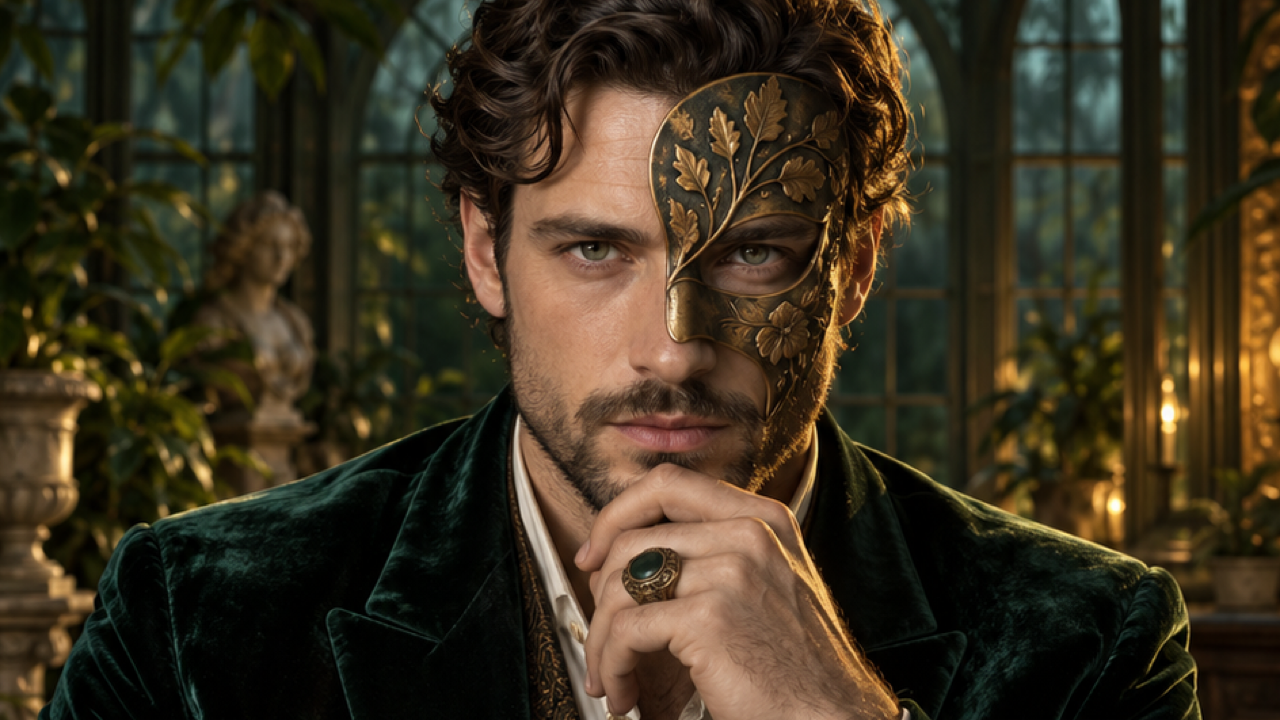 16: 9 zentrales männliches Porträt für Erwachsene mit botanischer Halbmaske aus gebürsteter Bronze, waldgrüner Samtjacke, smaragdgrünem Wintergarten und bernsteinfarbenem Randlicht; raffinierte redaktionelle Fotografie.