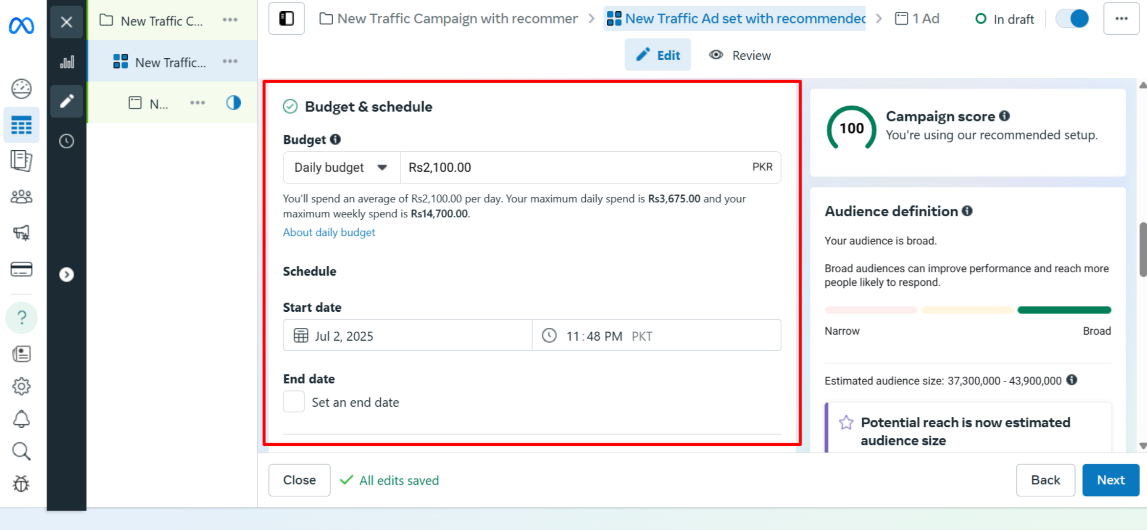 Setting up the budget for creating a Facebook ad