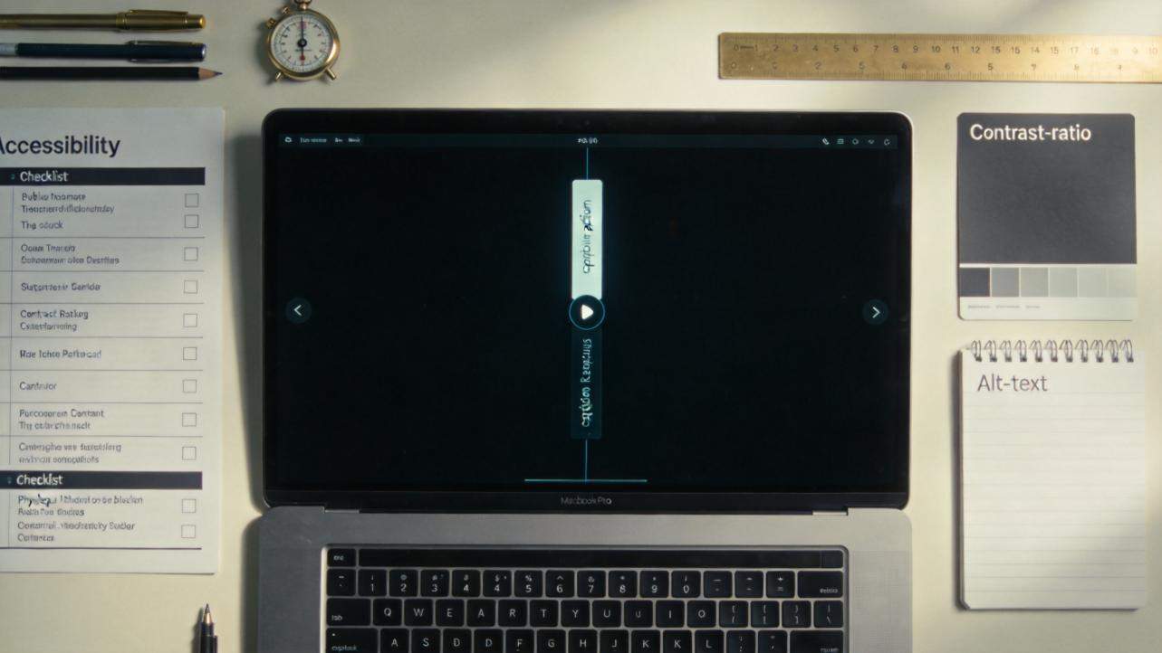 Laptop with a vertical edit on screen, surrounded by accessibility checklist, contrast chart, and alt-text notes