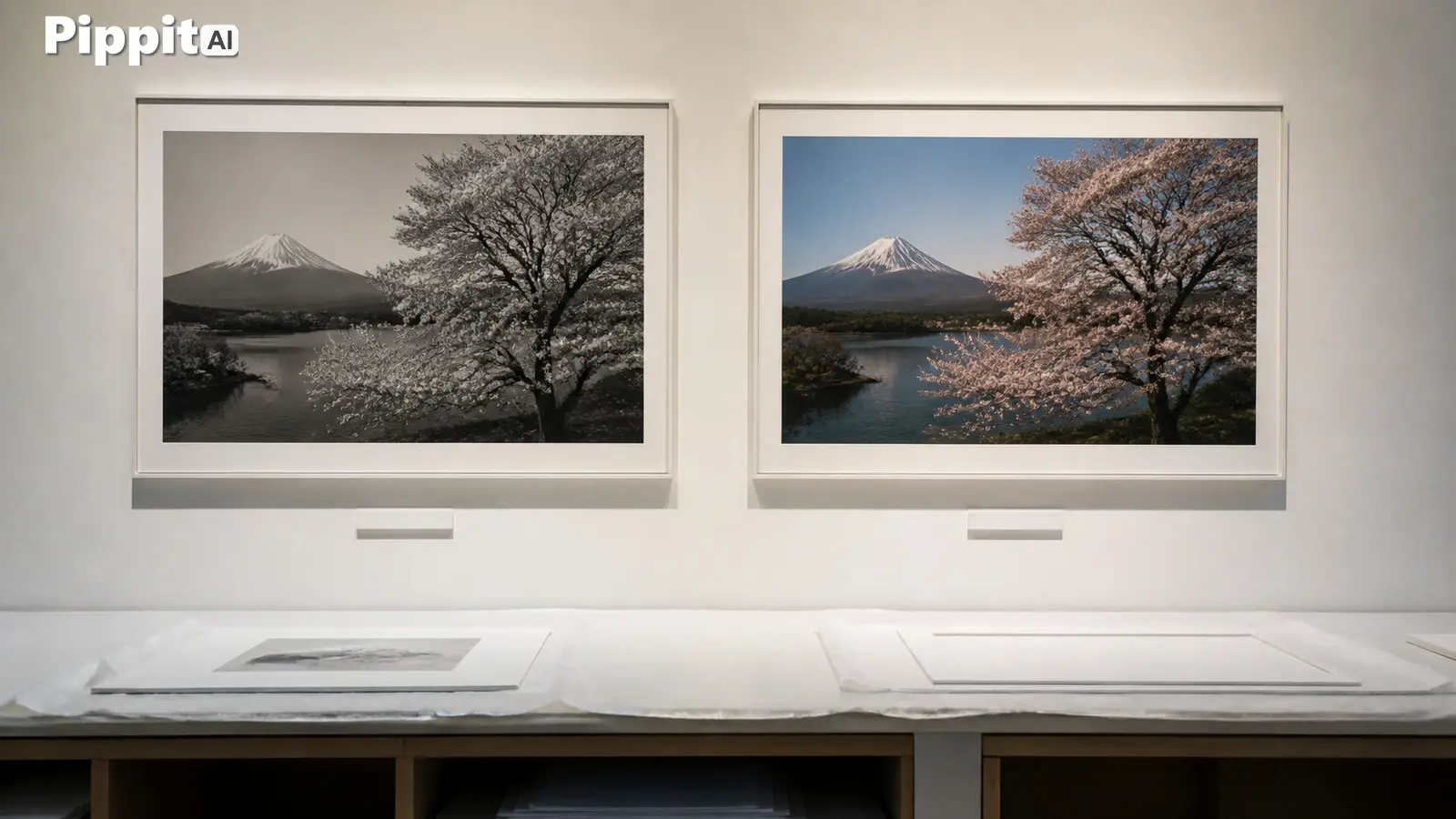 Two framed landscape prints show a black-and-white version and a color version of Mount Fuji with cherry blossoms.