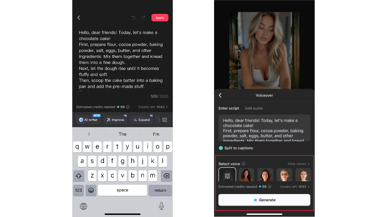 Skript eingeben und Stimme auswählen