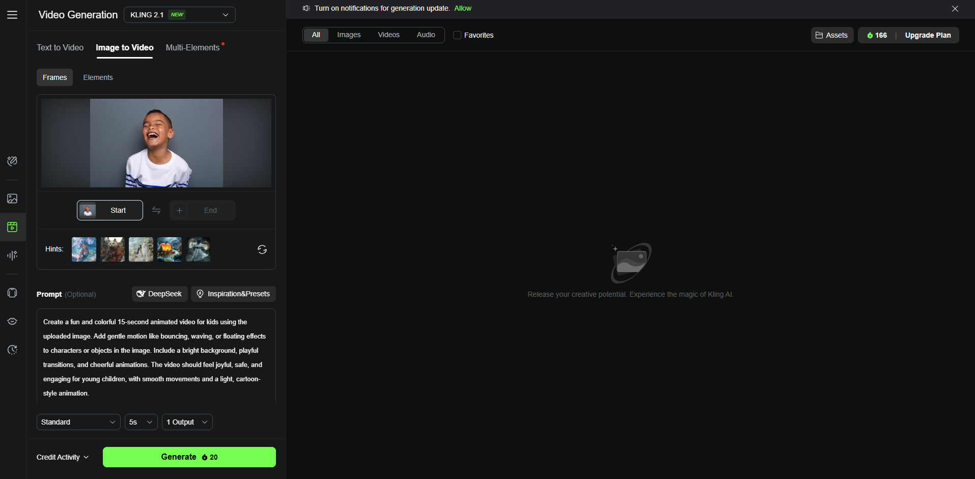 Interafce of Kling AI - a perfect tool to convert photo to video with AI for free