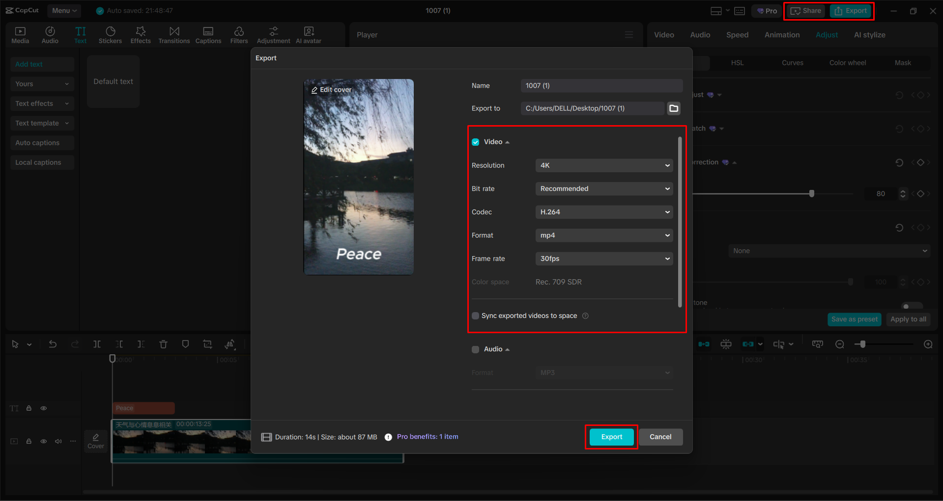Exporting the video from the CapCut desktop video editor