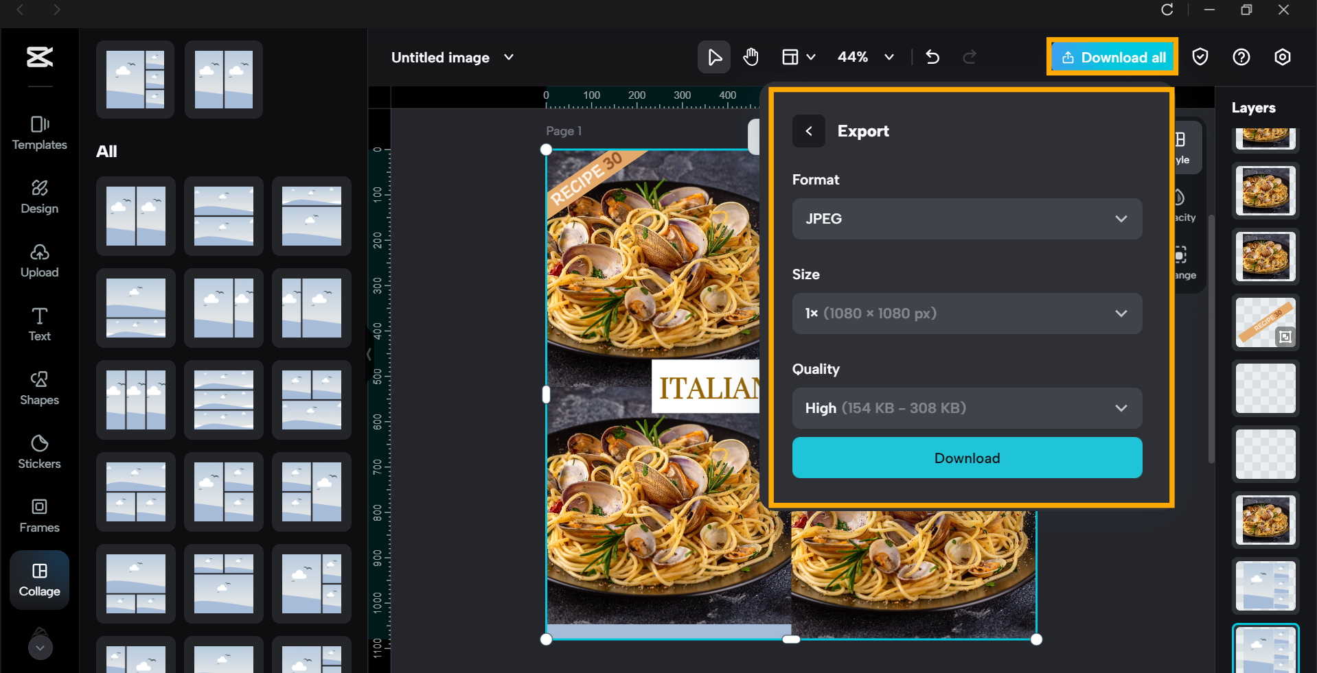 CapCut écran d'exportation - éditeur de collage photo gratuit
