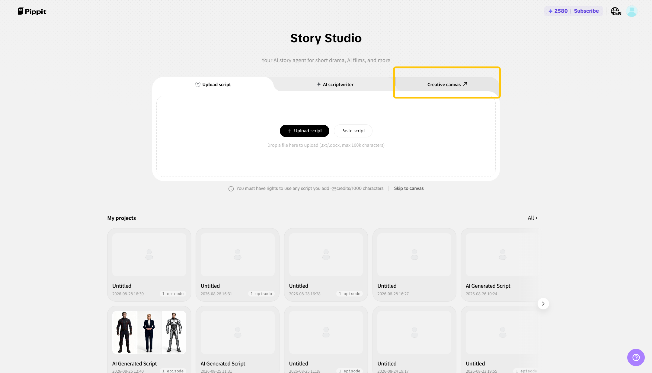Alt: Entering Pippit Creative Canvas from Story Studio