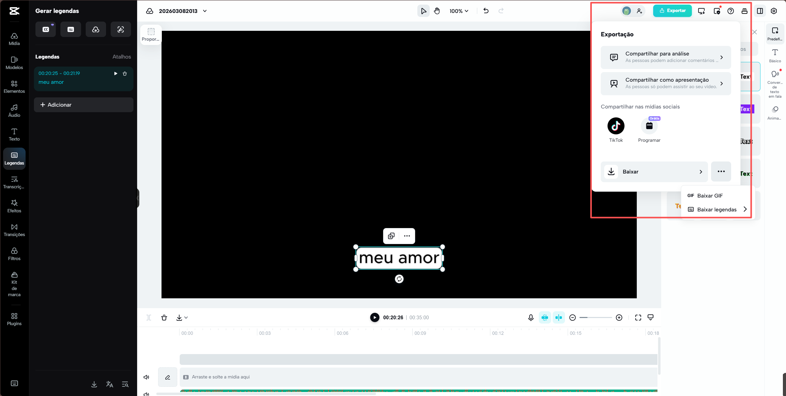 exportar legenda ou transcrição