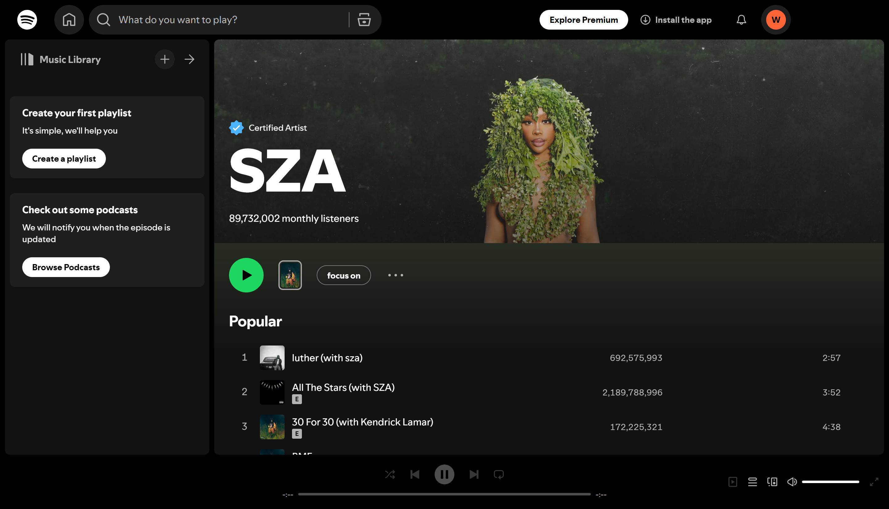 SZA - أفضل فنانة وأكثرها بثًا على Spotify