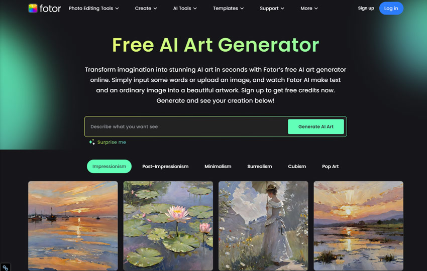 Interface of Fotor's AI art generator