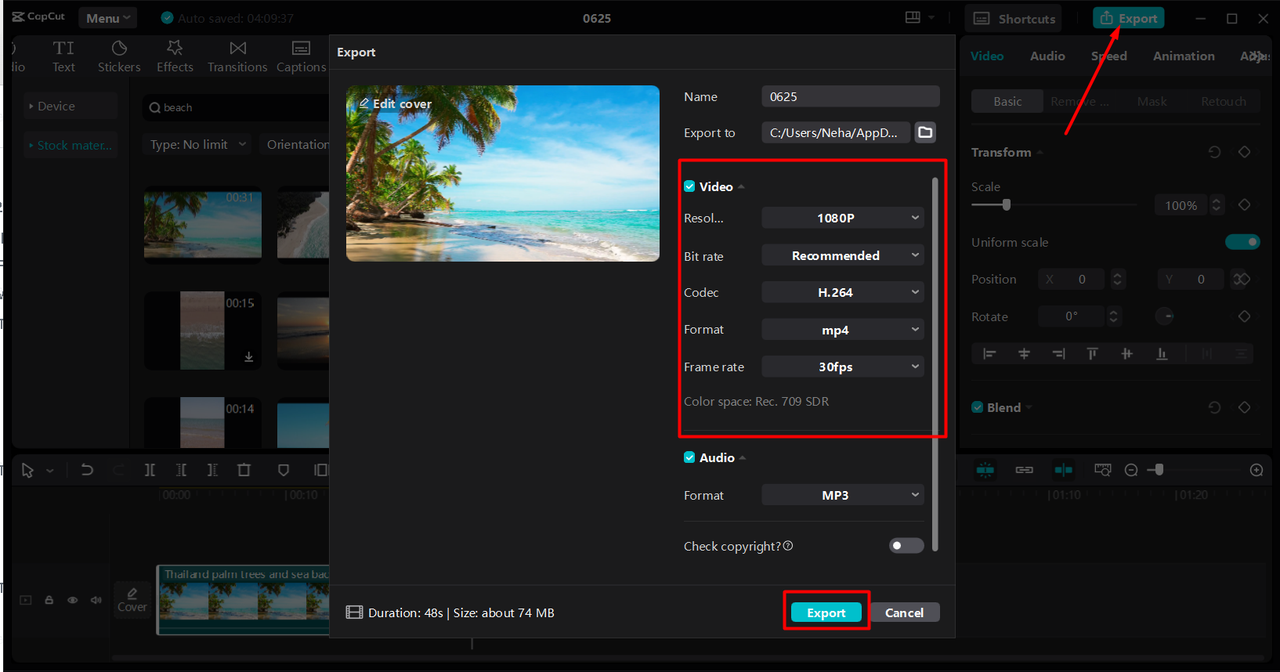 Downloading video to the PC from the CapCut desktop video editor's library