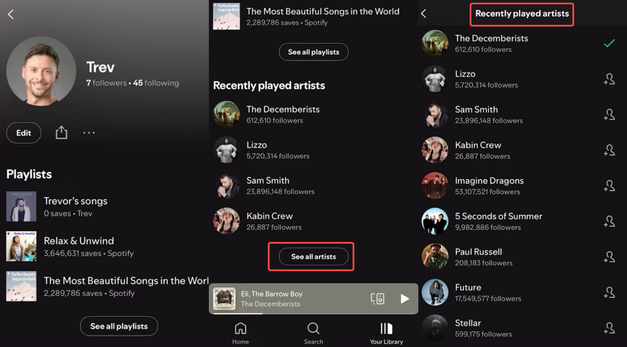 Bild som visar hur du ser dina bästa artister på Spotify mobil