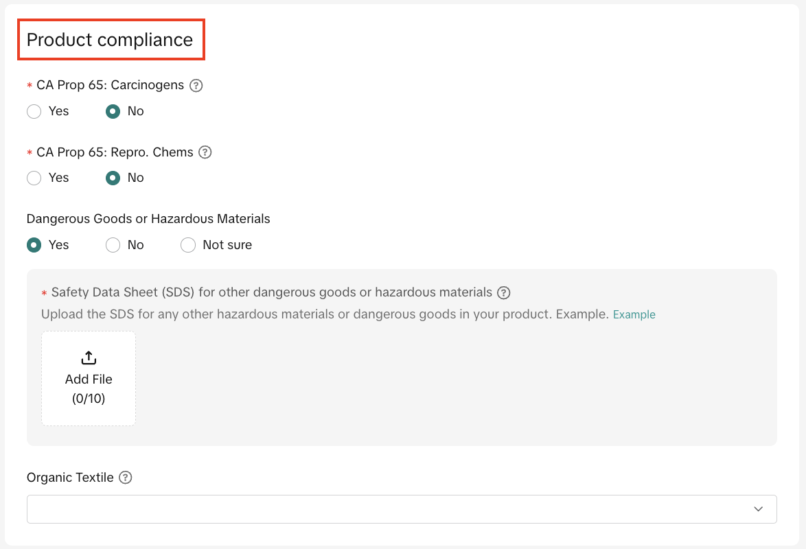 Set pricing, stock, and compliance info