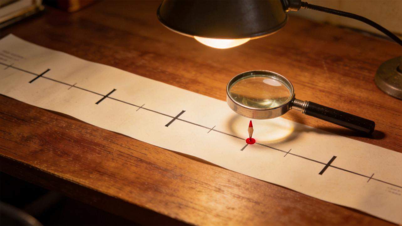 Magnifying glass over a pencil on a marked paper strip under a desk lamp