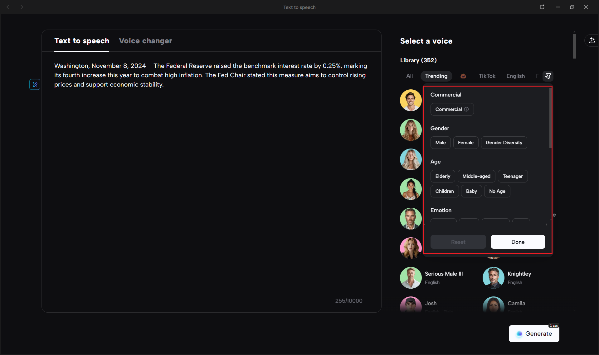 Browse through the different AI voices