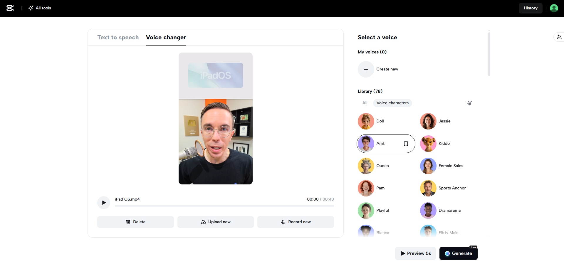 Die Sprachveränderungsoberfläche von CapCut Web