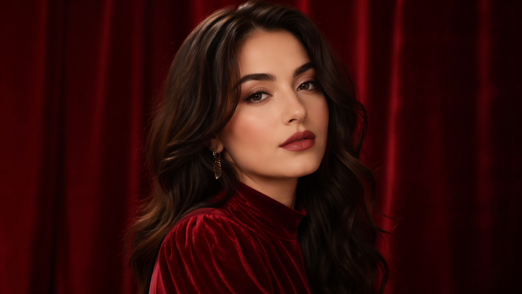 Dreamina Red Velvet Filter prompt example 3: Red Curtain Glam