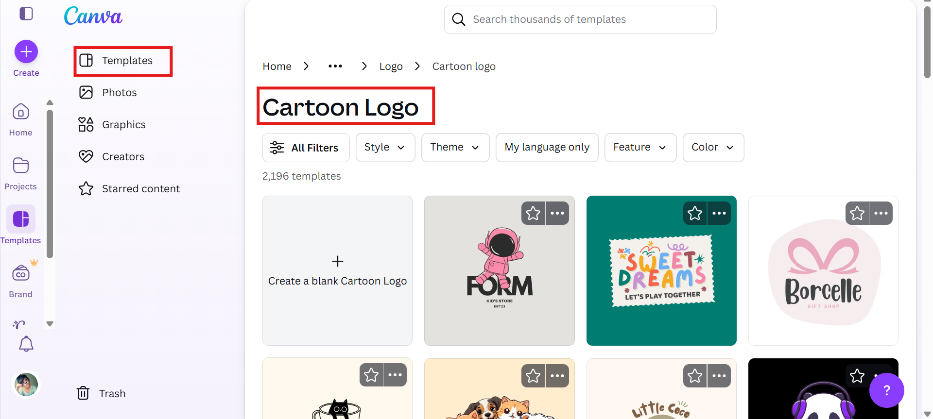 Select a logo template with Canva