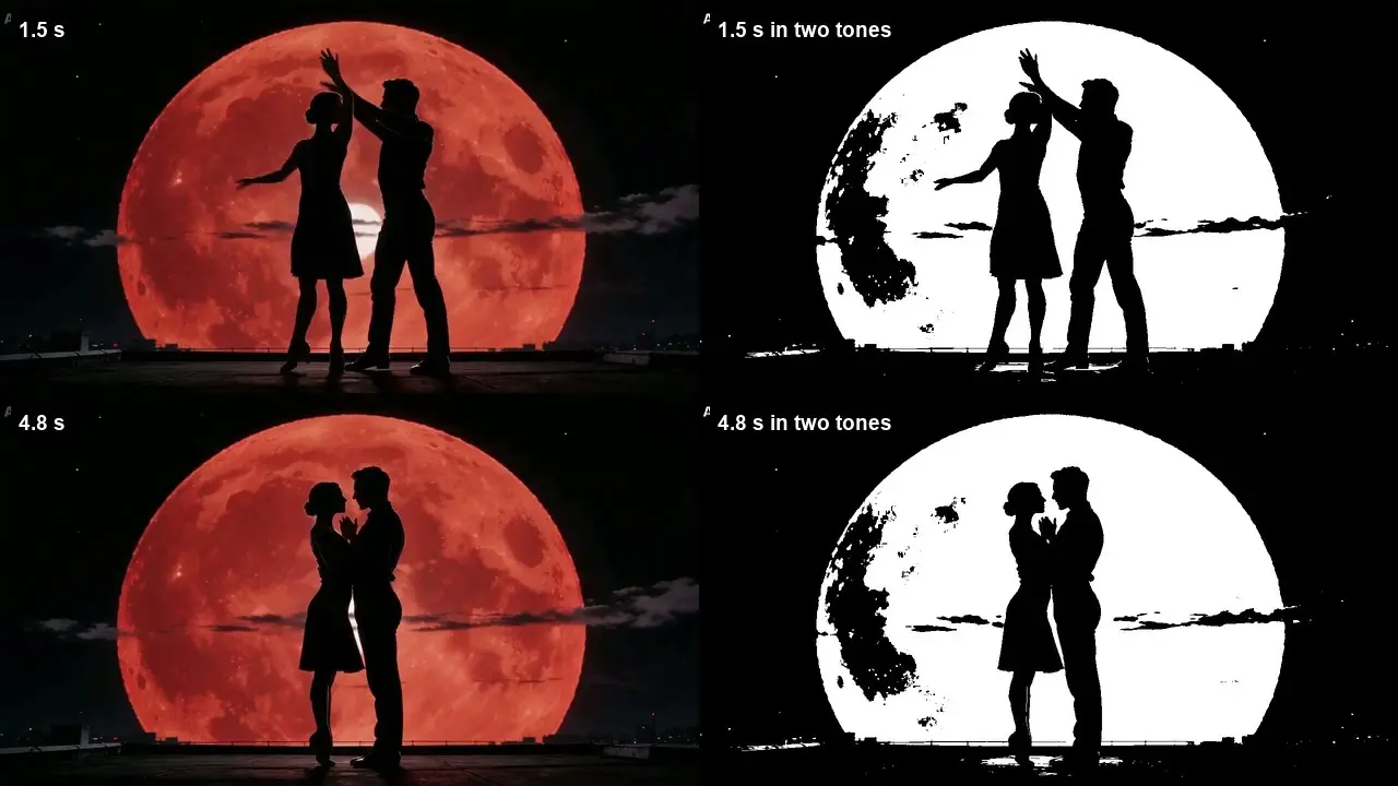 Four-panel moonlit couple silhouettes, with one pair dancing and one embracing