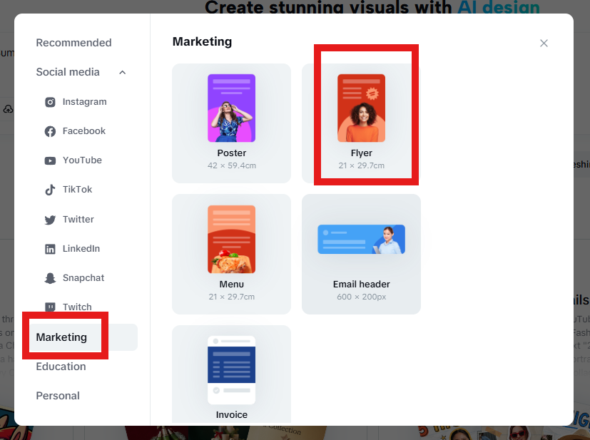 Selecting the Flyer format from CapCut Marketing templates menu