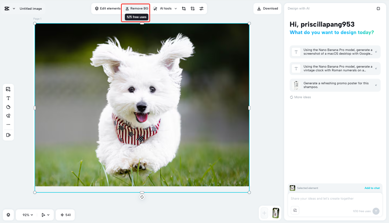 Click the Remove BG tool in the AI design tool
