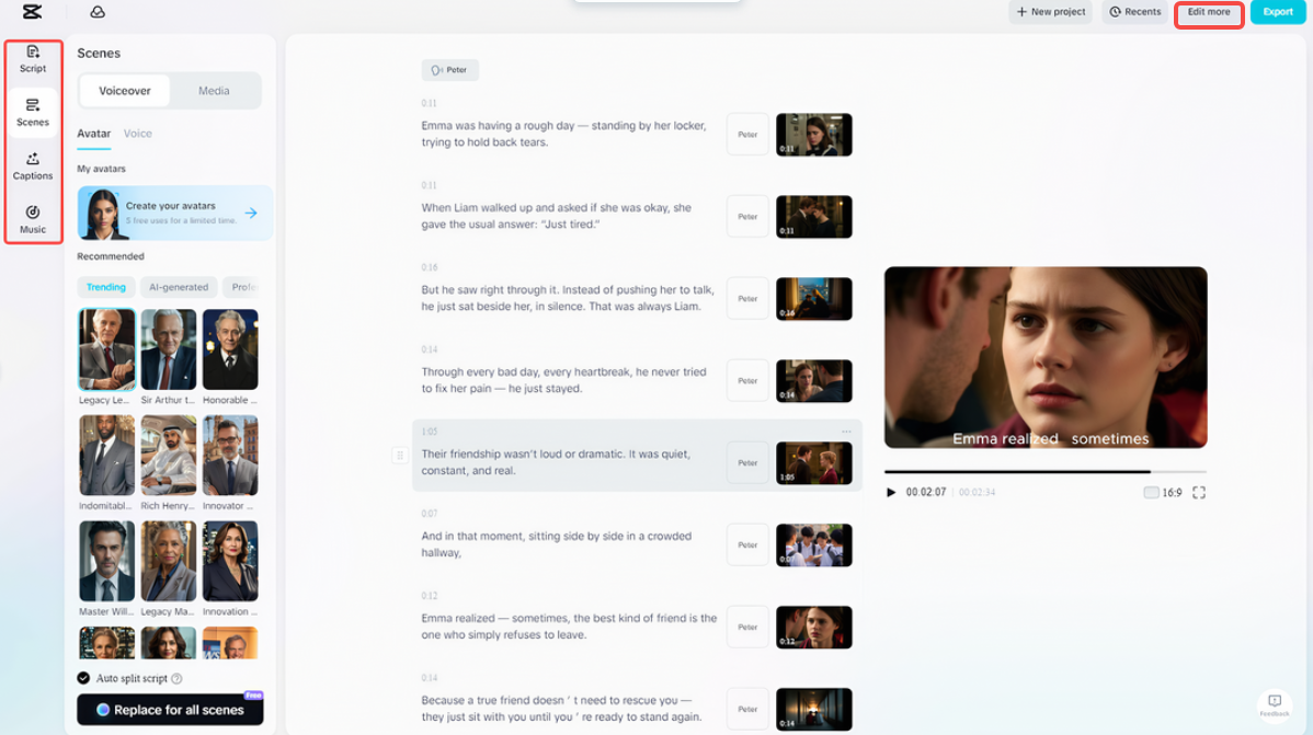 Add captions or music