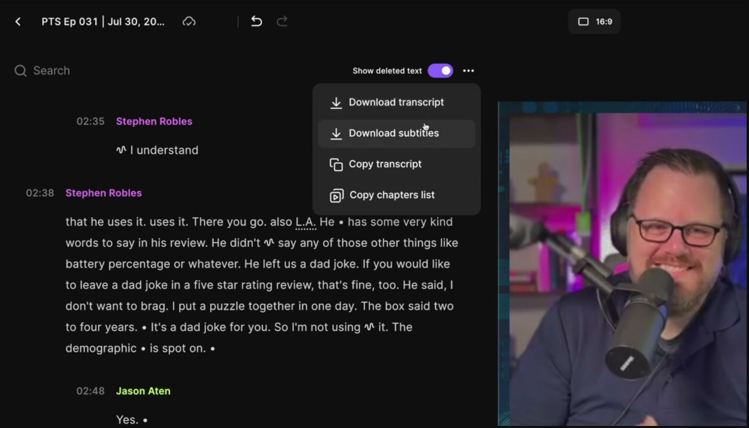 Interface of Riverside - another way to get transcript from YouTube videos