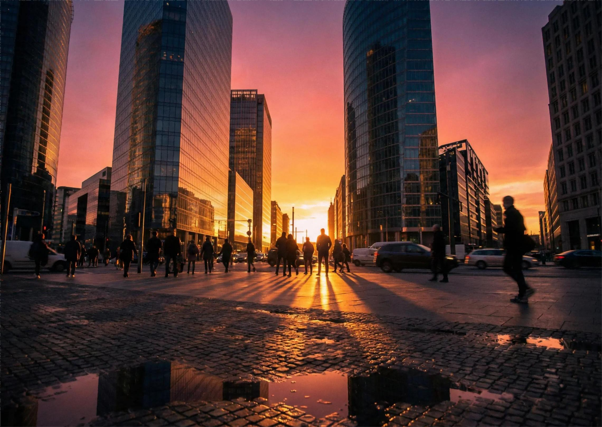 Moderne Stadtsilhouette bei Sonnenuntergang