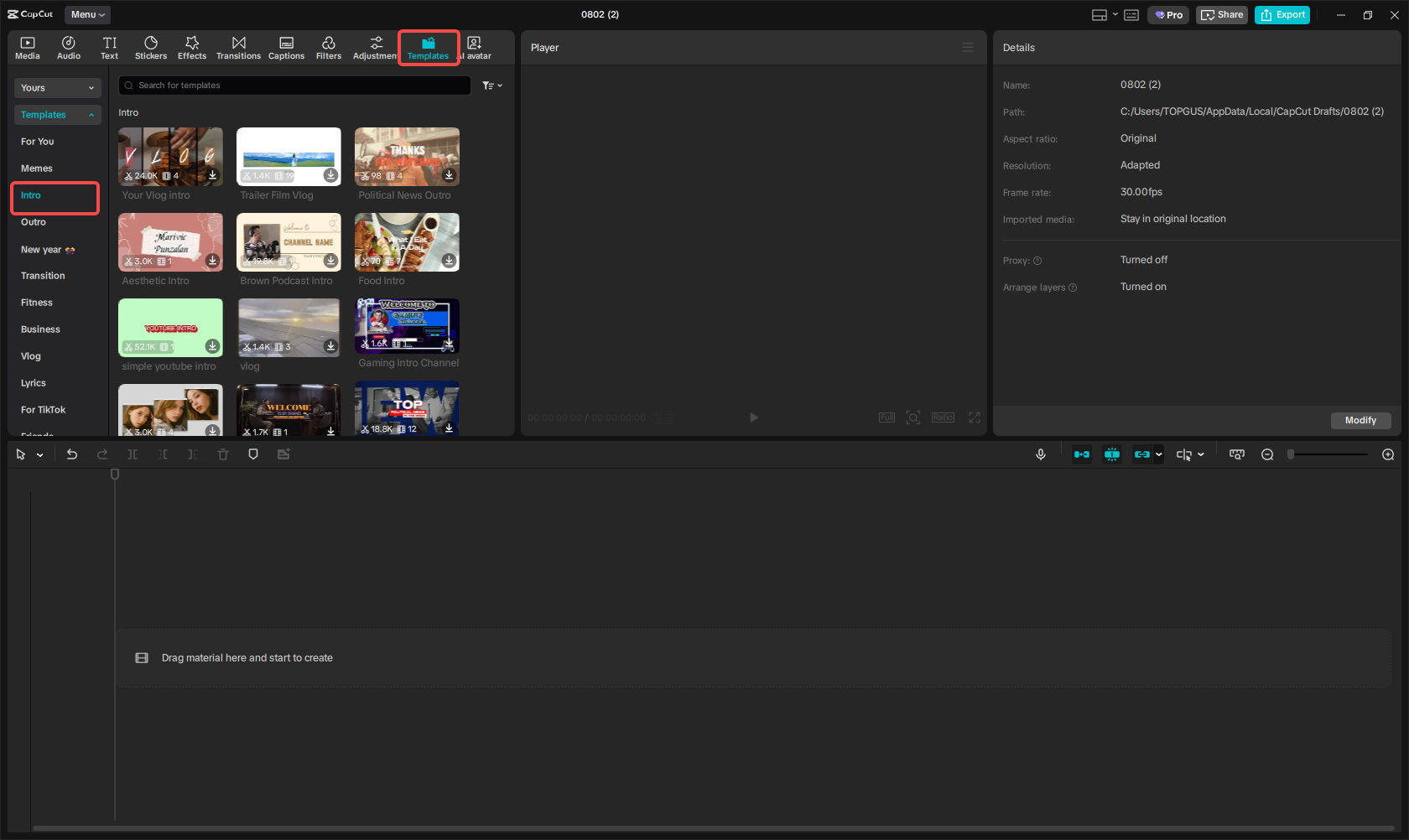Accessing the Templates feature in CapCut
