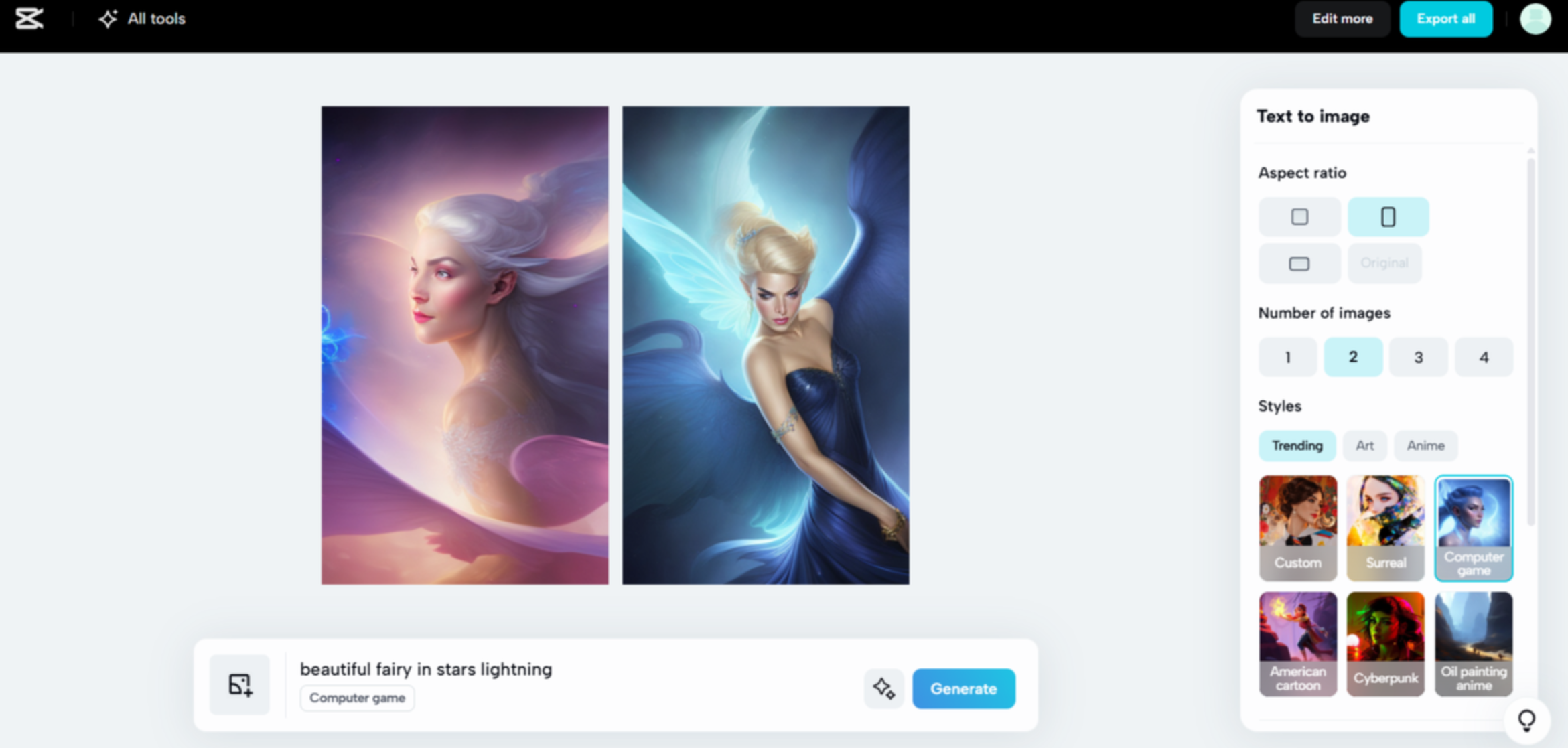 Schnittstelle von CapCut Web - das beste Tool zur Erstellung von Bildern mithilfe von KI.