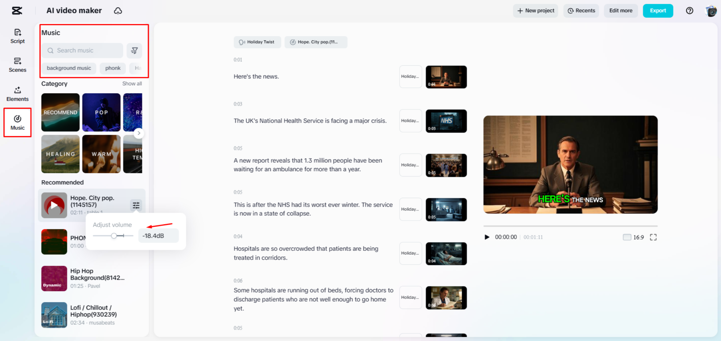 Adding background music to a video in CapCut Web